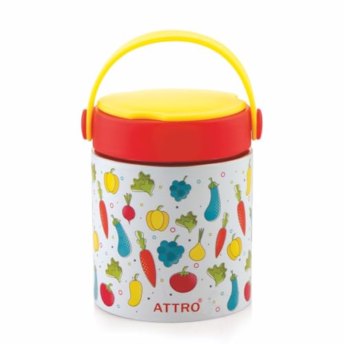 Image of ATTRO Happy Go Vacuum Insulated ISI Certified Stainless Steel Soup Jar 500ml, Leakproof, Long Temperature Retention for Kids & Adults,Ideal for School,Office,Picnic & Travel - Fruity Veggie Fun Yellow