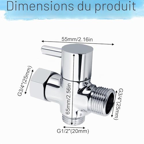 Robinet WC 3 Voies, Soupape Laiton Vanne Dérivation de Bras Douche Entrée supérieure G3/4" Sortie inférieure G3/4" (25mm) Sortie latérale G1/2" (20mm) pour Toilettes Salles de Bains Cuisines – vue 2