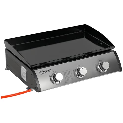 Outsunny Gas Plancha Barbecue Grill with 3 Stainless Steel Burner 7.5kW Portable Tabletop Gas BBQ with Non-Stick Griddle for Camping Picnic Garden Party Festival