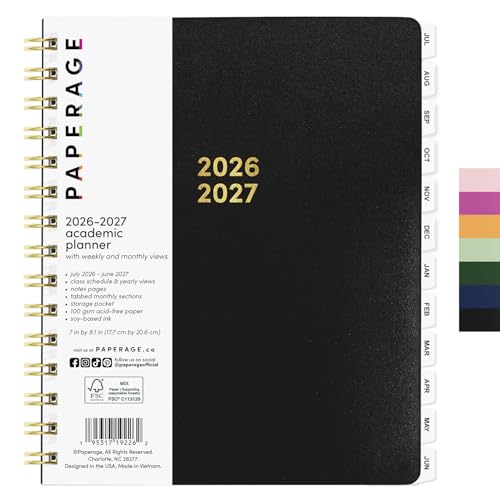 PAPERAGE Academic Planner 12-Month Weekly & Monthly Planner Black