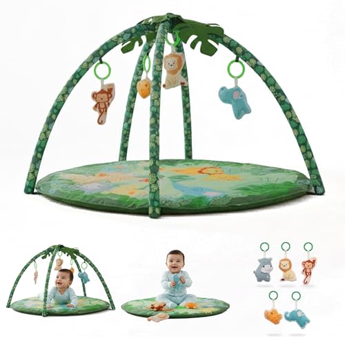 Image of ForestFun Playgym for Babies, Soft and Breathable Baby Play Mat with Hanging Crinkles, Squeaker, and Rattles, Foldable, Washable and Non-Toxic Play Gym, for Infants 2+ Months