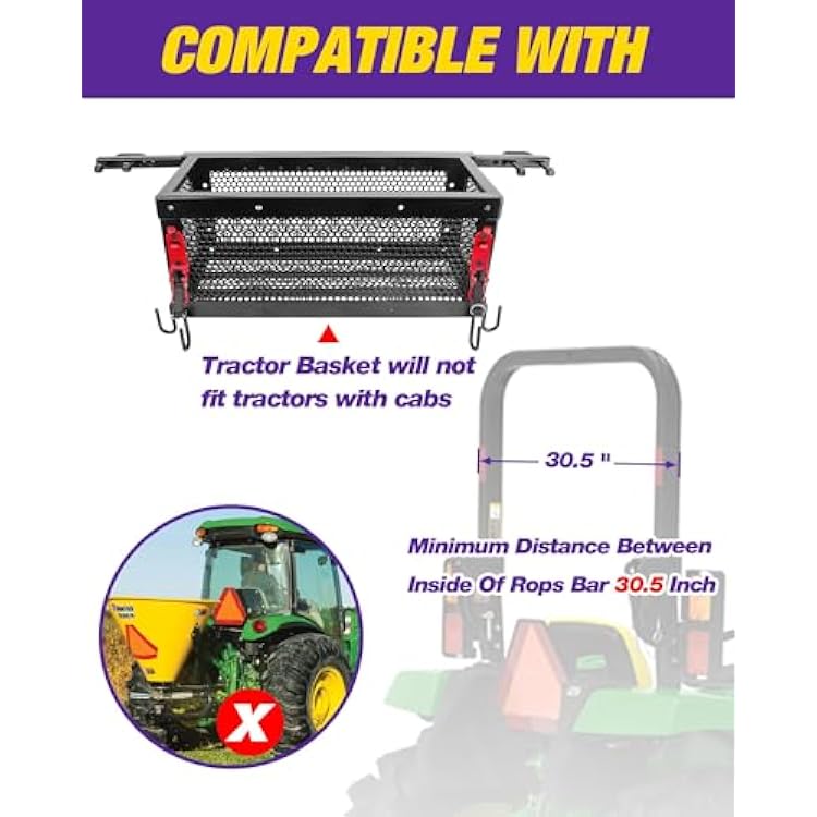 Heavy Duty Tractor Tool Box, Universal Tractor Basket with Tray Accessories Fits Most Tractor and Zero Turn Mower, Tractor Toolbox Attachment Store and Organize