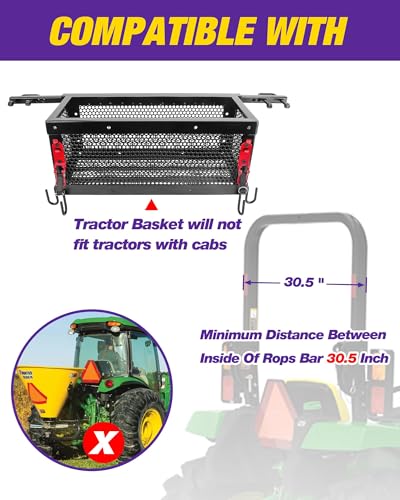 Heavy Duty Tractor Tool Box, Universal Tractor Basket with Tray Accessories Fits Most Tractor and Zero Turn Mower, Tractor Toolbox Attachment Store and Organize