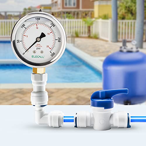 Elecall 300Psi Silicone Oil Filled Pressure Gauge For Water Oil Air Pressure Test In Pool Pump Sand Filter Air Compressor Water System, 2-1/2" Stainless Steel Case, Lower Mount 1/4"Npt #TOP4
