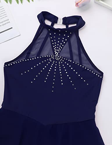 Daenrui Kids Girls Ice Figure Skating Dress Leotard Sparkle Rhinestone Sleeveless Mesh Splice Tutu Skirt Dancewear Navy 10 Years #TOP2
