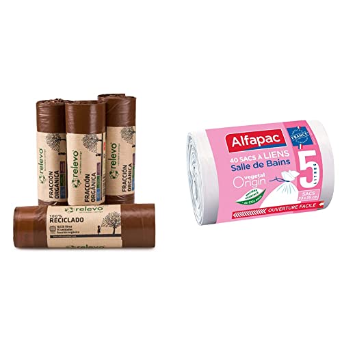 Relevo sacs poubelle 100% recyclés, très résistant 20L, 60 pièces marron & ALFAPAC - 40 sacs 5L à lien traditionnel - Sacs-Poubelle pour salle de bains - Matière d'origine végétale- Fabriqué en France Cover