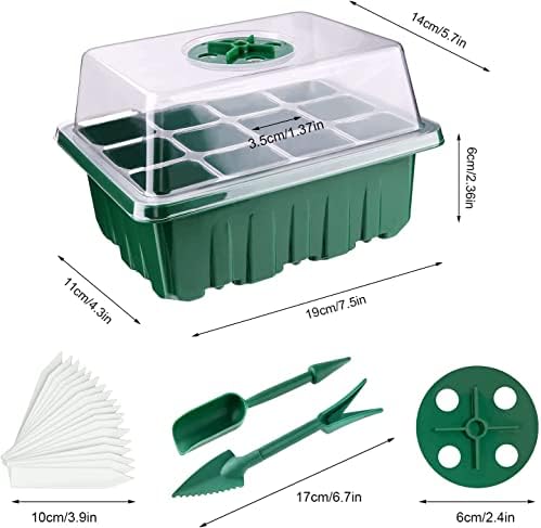 KAHEIGN 12Pcs Seed Starter Trays, 144 Cells Seed Propagator Trays Heavy Duty Plastic Plant Seed Growing Trays Kit with Adjustable Vents Dome and Base, 20Pcs Plant Labels, 2Pcs Seeding Tools