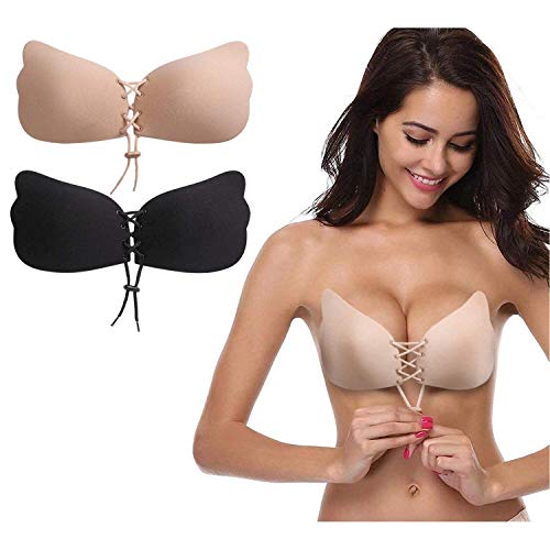 Aisprts Strapless Bra Self Adhesive Backless Bras Silicone Push up Bra for Women Reusable Sticky (D, Beige 2 Pair)