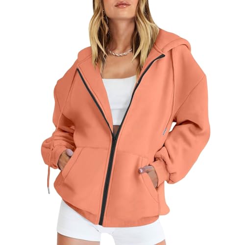 Image of Hoodies For Women UK Oversized Hoodie Zip Up Sweatshirts with Pockets Casual LooseDrawstring Ladies Hoodie Soft Comfortable Oversized Tops Plus Size Lightweight Jackets Ladies Outfit (a-Orange, L)