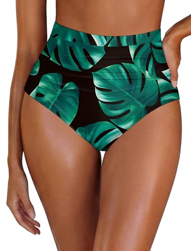 Arolina Tropical High Waisted Bikini Bottoms Green Leaf Tummy Control Swim Bottoms Ruched Bathing Suit Bottom Full Coverage Swim Briefs