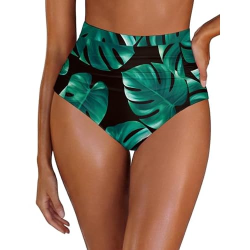 Arolina Womens High Waisted Bikini BottomsTummy Control Swim Bottom Ruched Full Coverage Retro Bathing Suit Bottoms Green Leaves 20 Plus