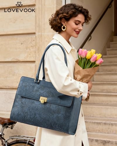 Image of LOVEVOOK Laptop Tote Bag for Women, PU Leather Work Bag, Teacher Tote | with Large Cup Holder, Waterproof Vintage Briefcase for Business Travel & Commute, Magnetic Snap, Padded Laptop Pocket