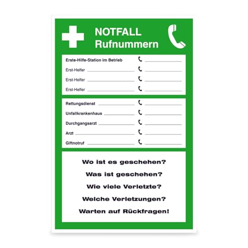 Betriebsausstattung24 Aushang Notfall Rufnummern - PVC-Folie, selbstklebend - 30,0 x 20,0 cm - Mit Freifeldern zu Selbstbeschriftung