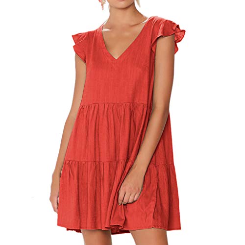 Wrouhe - Mini vestido informal con volantes y cuello en V a la moda, para niñas, espalda descubierta, cuello en V, informal, simple, elegante, elegante, elegante, para fiesta de playa 7* Rouge XL