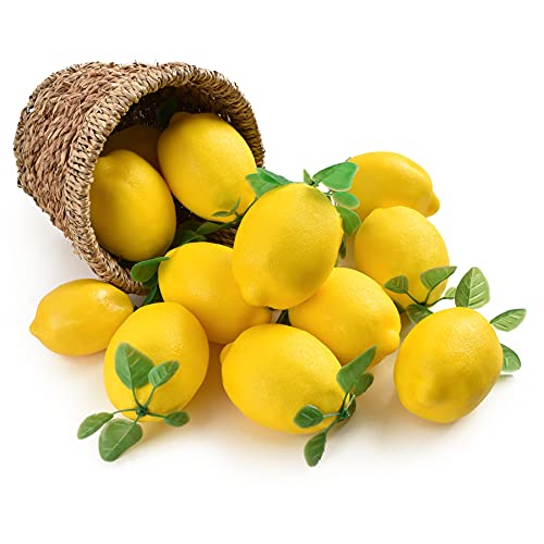 Haiops 12 Pcs Artificial Lemons With Leaves Lifelike Lemons Fruit Fake Lemon Fruit Decor For Home Kitchen Table Cabinet Decoration #TOP9