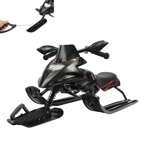 Lenkschlitten mit 2 Fußbremsen, Schlitten mit Automatisches Zugseil & Lenkrad & Stoßdämpfer für Kinder und Erwachsene, Max. Belastung 80 kg, Kinderschlitten Skibob Kufenschlitten (Schwarz)