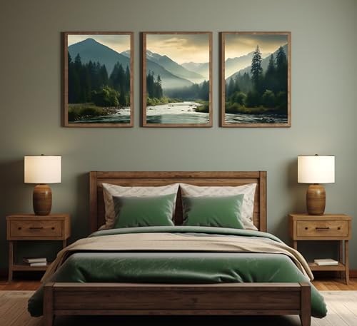 Zjjartyb 3Pcs Nature Landscape Wall Art Misty Forest Prints Mountain Pictures Dark Green Plant Posters Botanical River Canvas Painting Home Wall Decor For Living Room Bedroom Bathroom 12X16In Unframed thumb #5