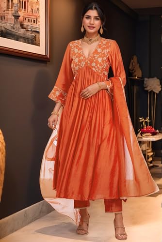 Image of ANNI Designer Women's Rayon Viscose Anarkali Embroidered Kurta with Pant & Dupatta
