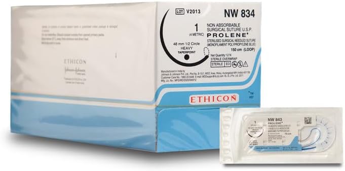 Ethicon W8556 Prolene Sutures USP 5-0, 1/2 Circle Round Body Ethalloy Double | Polypropylene | Synthetic Monofilament | Blue | 17 mm and 90 cm Suture length | Non-absorbable | 12/Box