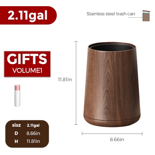 Image of 8L /2.1GAL Modern Metal Waste Bin with Realistic Wood Texture,Built-in Bag Holder,Open-Top Trash Bin for Bathroom,Home,Office,Living Room (2.1gal Cone)