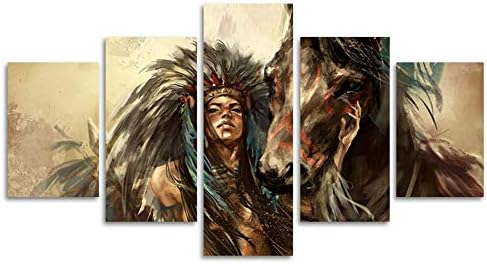 Large Ancient Native American Painting on Canvas 5 Piece Wall Art Retro Indian Chief Painting Mystic Pictures Print For Home Decor Framed for Living Room Giclee Stretched Ready to Hang(40"W x 20"H)