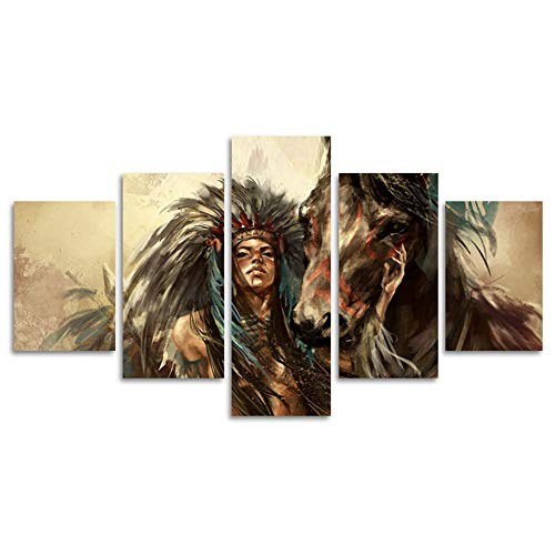 Large Ancient Native American Painting On Canvas 5 Piece Wall Art Retro Indian Chief Painting Mystic Pictures Print For Home Decor Framed For Living Room Giclee Stretched Ready To Hang(40"W X 20"H) #TOP29