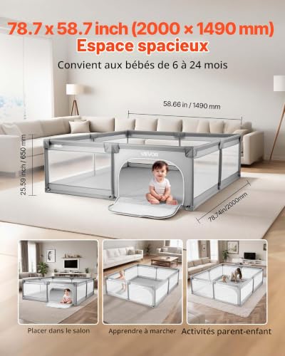 VEVOR Parc Bébé, 200x149 cm, Parc de Jeu Enfant, avec 50 Balles Océaniques, Sac de Voyage, Porte Zippée, Maille Respirante, Barrière de Jeu pour Tout-Petits Apprendre à Marcher Intérieur Extérieur – vue 2