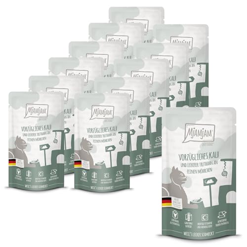 MjAMjAM - Premium Nassfutter für Katzen - Quetschie - vorzügliches Kalb & Truthahn an feinen Möhrchen, 12er Pack (12 x 125 g)… – Ansicht 1