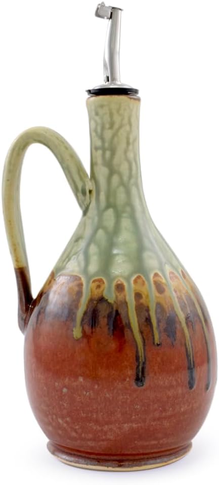 Modern Artisans American Made Artisan Stoneware Pottery Wide Body Oil Cruet Bottle with Handle in Earthy Red Sage, 26 Oz