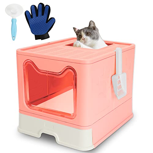 Caja de arena plegable rosa para gato con tapa 20x16x15 pulg
