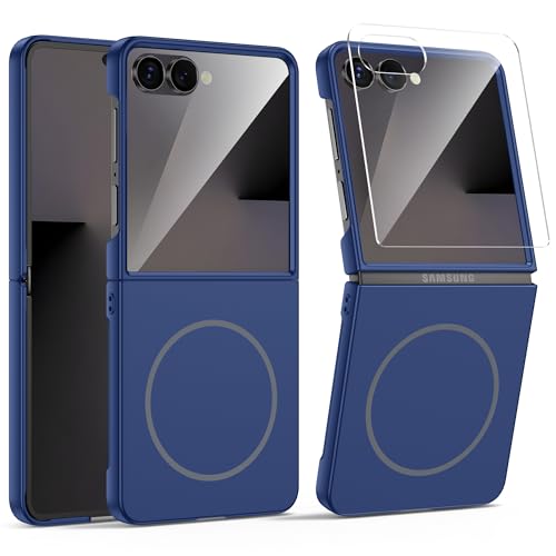 MAKAVO Magnetic for Samsung Galaxy Z Flip 7 Case, Compatible with MagSafe, Built-in Screen Protector, Flip7 Slim Hard Shockproof Phone Cover, Blue