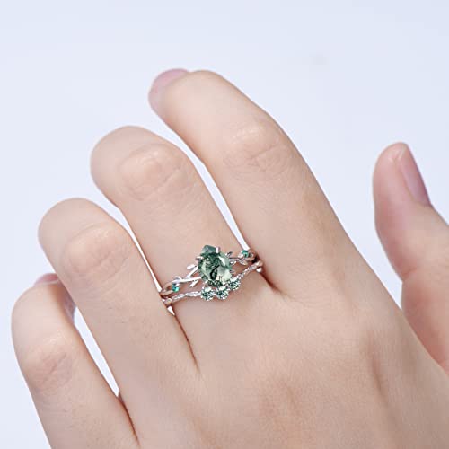 1.25Ct Nature Inspired Pear Shaped Moss Agate Ring Twig Engagement Ring Set Green Gemstone Jewelry Sterling Silver/10K/14K/18K Rose Gold Emerald Branch Vine Wedding Ring Moss Bridal Set,With Gift Box #TOP1