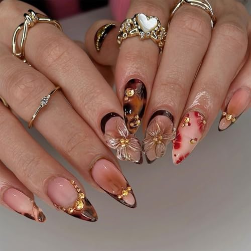 VOTACOS Brown French Tip Press on Nails Almond Medium 3D Flower Acrylic Fake Nails Press Ons with Designs Bead Leopard Print Glue on Nail for Women 24PCS Fall Reusable Artificial Stick on False Nail — view 2
