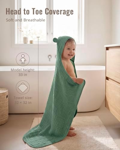 Blissful Diary Muslin Baby Hooded Towel 2 Pack, Soft & Absorbent Bath Towel for Infant, Toddler, Unisex, Baby Gift, Newborn Essentials, Green Bear & Beige Bear — 사진 5