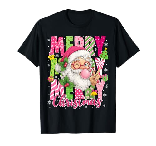 Vintage Pink Santa Claus Merry Christmas Vibes Pajamas Xmas T-Shirt