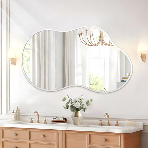 JJUUYOU Mirrors for Wall Metal Framed Decorative Irregular Large Mirrors 22"x40" Asymmetrical for Bathroom Bedroom Living Room Dressing Room Entryway White by JJUUYOU - Used condition - US$53.80