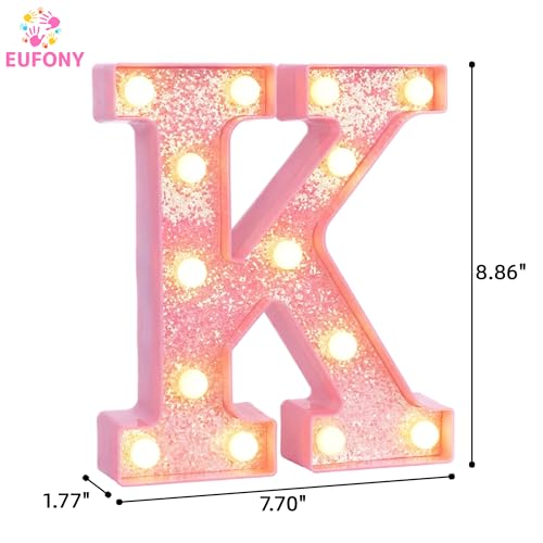 Image of Pink Marquee Light Up Letters, Glitter Alphabet LED Letter Lights for Pink Birthday Party Decorations, Battery Operated Letter Sign for Girls Room Vanity Table Decor, Warm White Lights Letter K