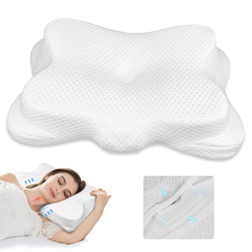 Side Sleeper Pillows for Adults, Neck Pillow, Cervical Memory Foam Pillow, Contour Pillows for Neck and Shoulder Pain, 2 Heights Ergonomic Pillow for Back and Stomach Sleeper（White）
