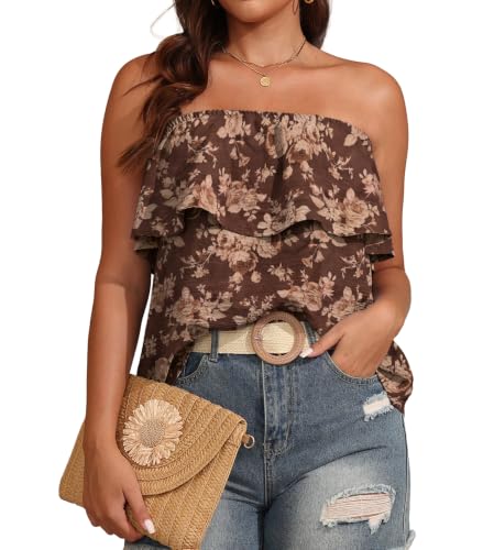 JINKESI Women's Ruffle Trim Tube Tops Casual Summer Backless Strapless Top Sleeveless Going Out Bandeau Tanks Shirt Coffee Retro Flower,X-Large