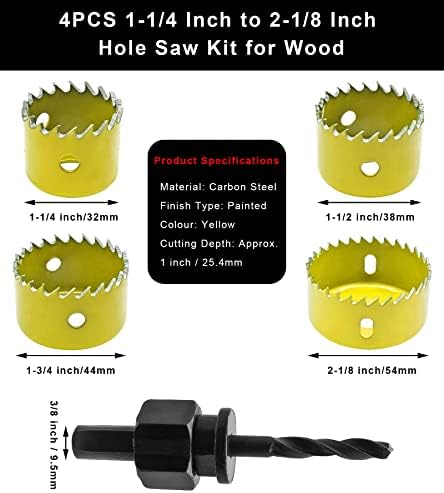 4PCS 1-1/4 Inch to 2-1/8 Inch Hole Saw Kit for Wood, 1.2 Inch Cutting Depth Hole Cutter Drill Bit with Mandrel, Round Hole Saw Set for Cornhole Boards Plastic Drywall Soft Metal (Yellow) — 사진 4