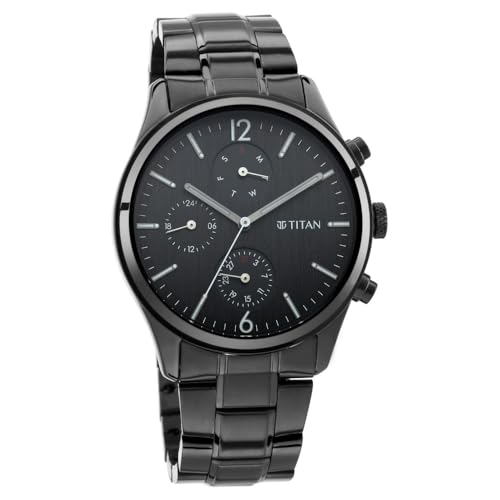 Image of Titan Workwear Quartz Multifunction Black Dial Black Metal Strap Watch For Men - NT1805NM02