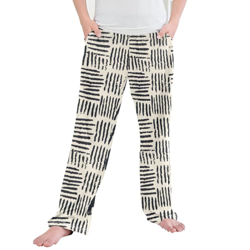 Boho Bohemian Geometric Line Long Pajama Pants Elastic Waist PJ Bottoms with Pockets S A110736