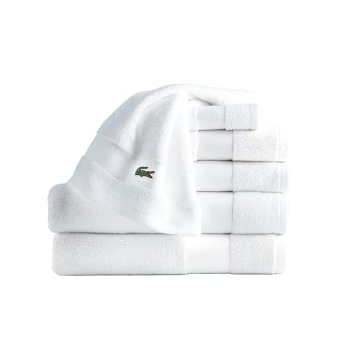Lacoste Sport Stripe 6-teiliges Luxus-Baumwollhandtuch-Set - Hergestellt aus 100% weicher Supima-Baumwolle, saugfähig & schnelltrocknend, inklusive 2 Badetücher, 2 Handtücher, 2 Waschlappen, Weiß