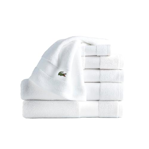 Lacoste Sport Stripe 6-Piece Luxury Cotton Towel Set – Made with 100% Soft Supima Cotton, Absorbent & Quick-Drying, Includes 2 Bath Towels, 2 Hand Towels, 2 Washcloths, White