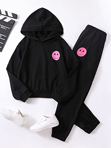 Soly Hux Girl's Casual 2 Piece Outfits Letter Graphic Long Sleeve Hoodies Sweatshirt Tops And Sweatpants Set Black Letter 10Y #TOP1