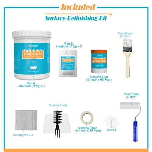 image for REALINN Tub and Tile Refinishing Kit (1Kg, with tools, White), DIY Bat