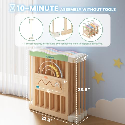 Foldable Wooden Baby Playpen - Adjustable Wood Play Yard, Indoor Large Safety Fence for Babies and Toddlers - Built-in Toys Design, 45 x 45 x 24 inches, Pastel Dream by BlueWood - Image 2