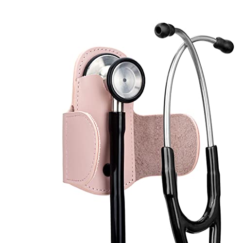 iGuerburn Leather Stethoscope Holder Hip Clip for Littmann & Most Stethoscopes, Stethoscope Clip Holster Accessories for Scrubs/Belt/Pocket, Pink(Right-Handed)