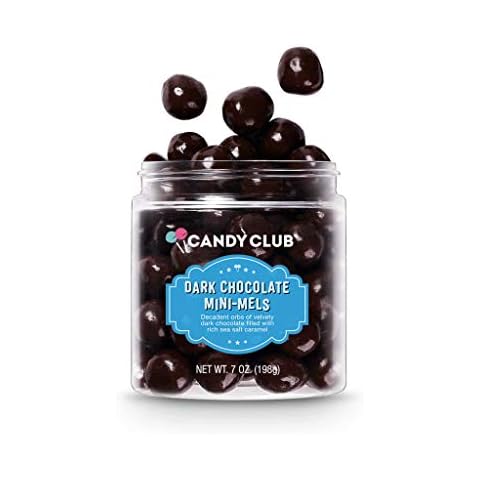 Candy Club Gourmet Dark Chocolate Mini-Mels, Caramel Core Covered in Smooth and Silky Dark Chocolate, Rich Balls for Gifts, Parties, Snacks, Candy Buffets, etc. - 7oz Jar Cover