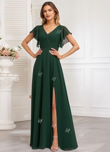 IIF Women's V Neck Bridesmaid Dresses for Wedding Long Chiffon Ruffled Sleeves Formal Gown with Slit IIF1644